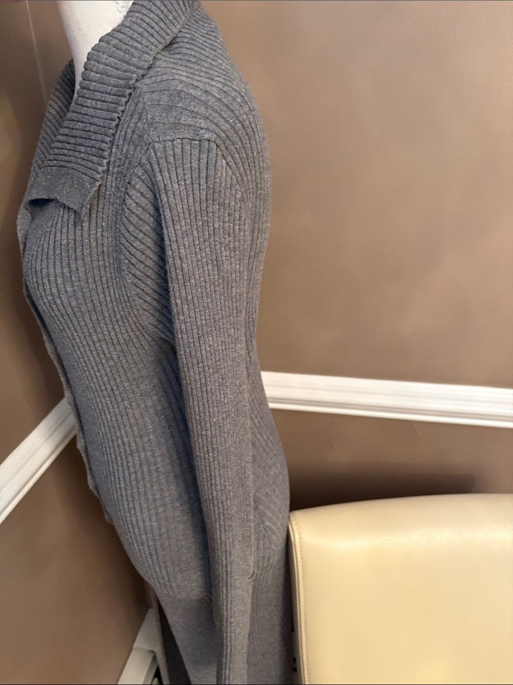 Gray Ribbed Long Button-Front Women's Sweater - Picture 3 of 8